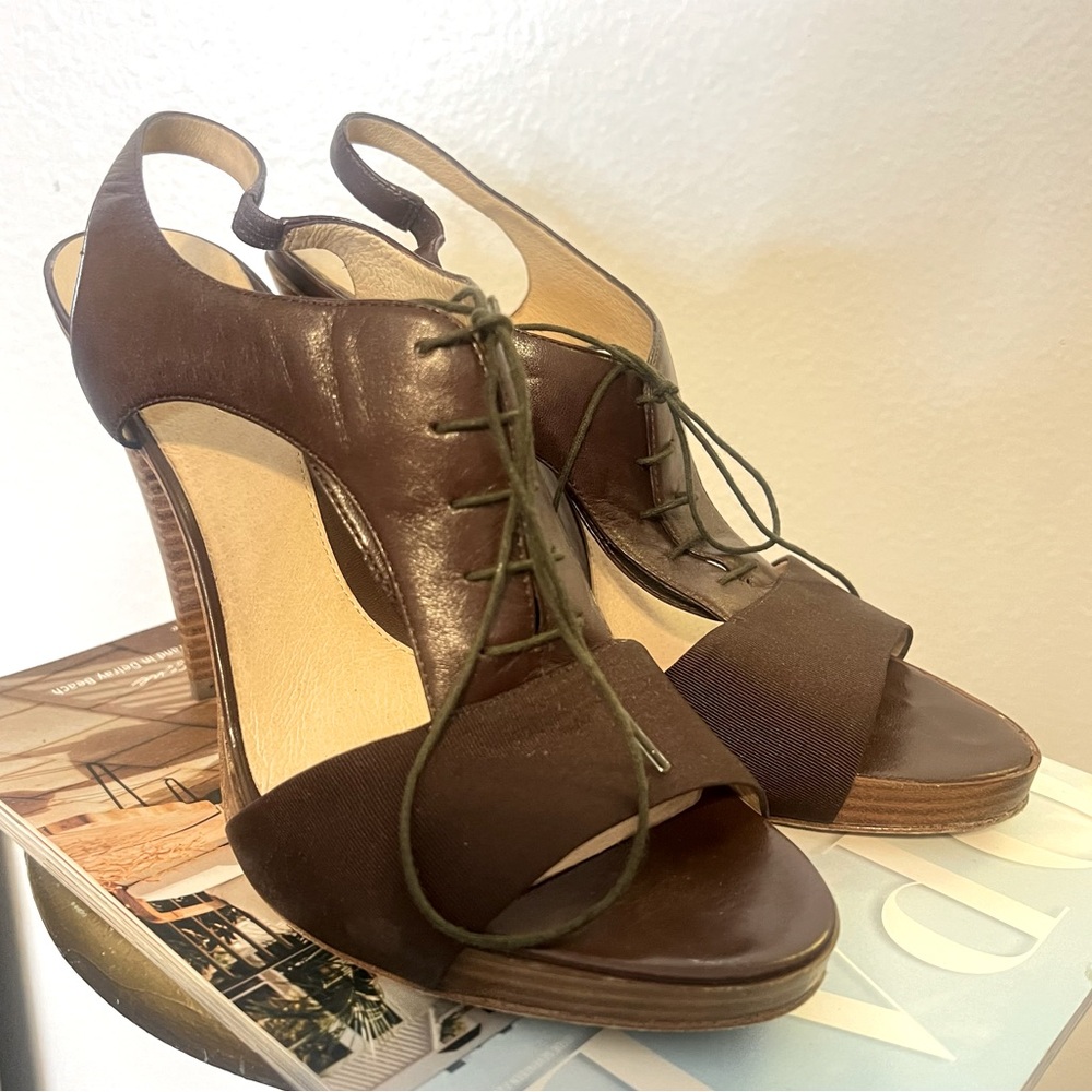 216. Boutique Brown Lace Up Open Toe Heels 9
